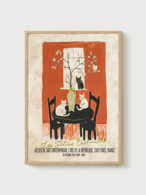 Paris Cat Poster poster in oak frame