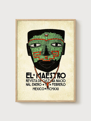 Mexican Folk Art Aztec Mask Print poster in oak frame
