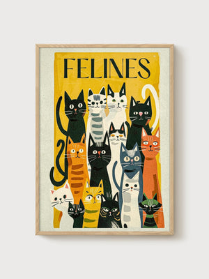 Mid Century Modern Cat Print poster in oak frame