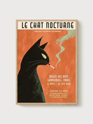 Mid Century Modern Black Cat Print poster in oak frame