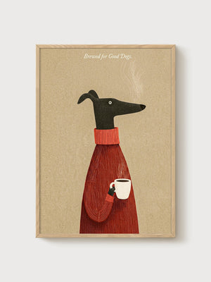 Greyhound Coffee Print poster in oak frame