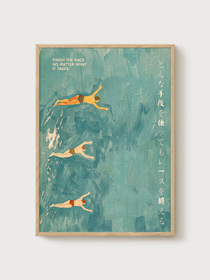 Japanese Swimming Pool Print poster in oak frame