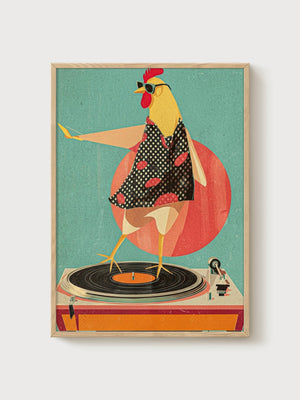 Retro Chicken DJ Print poster in oak frame