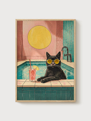 Black Cat Sunglasses Pool Poster poster in oak frame