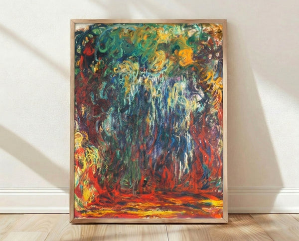 Impressionist framed poster of a weeping willow tree with drooping branches reflected in soft blue-green water, rendered in Monet's delicate brushwork style.