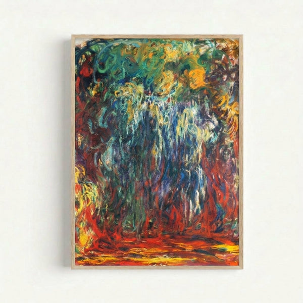 Monet's weeping willow painting on a framed art print, featuring muted greens and blues in a contemplative, serene composition.