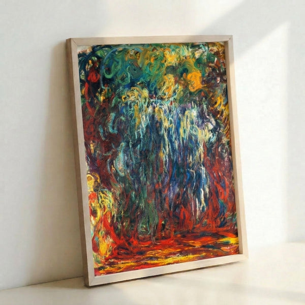 Framed impressionist poster depicting a graceful willow with cascading foliage over a tranquil water surface in soft, ethereal tones.