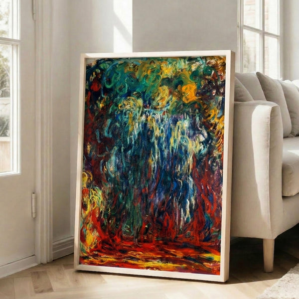 Classic Monet weeping willow print in a frame, capturing a meditative garden scene with drooping branches and reflective water in pale greens and blues.