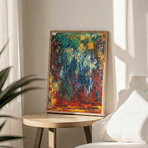 Framed wall art of Monet's weeping willow with soft, impressionistic brushstrokes and a calming palette of sage and blue hues.
