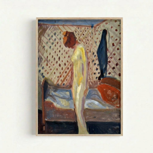 Framed dark art print featuring an abstract female figure in sorrowful pose, rendered in somber colors with emotive, loose painting technique.