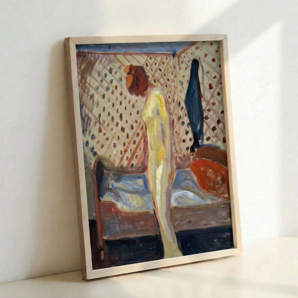 Modernist portrait poster showing a woman in emotional distress, painted in restrained palette of browns, blues, and grays with expressive, psychological intensity.