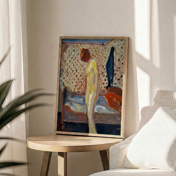 Wall art print of an anguished woman rendered as a faceless silhouette in dark, atmospheric colors, conveying raw emotional vulnerability through abstracted form.