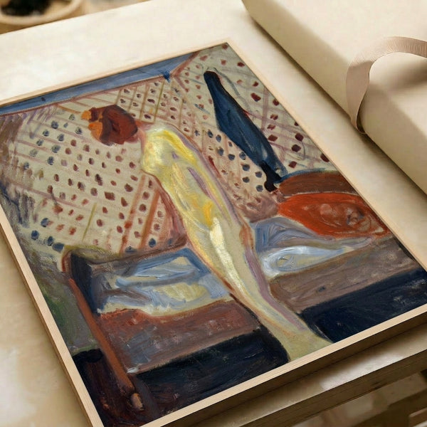 Melancholic art print of a weeping woman reduced to essential forms, painted in restrained earth and cool tones, evoking existential sadness and inner turmoil.