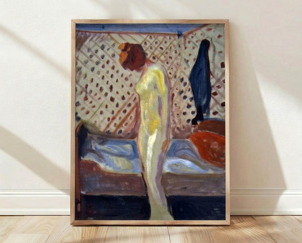 Framed Munch-style portrait of a weeping woman rendered in deep reds, dark blues, and ochre with expressionist brushwork conveying melancholy and introspection.