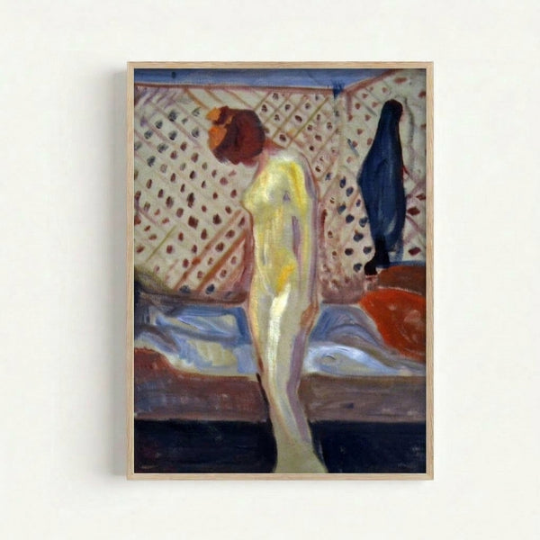 Modern art print featuring an emotionally intense faceless female figure in swirling dark tones and warm accents, capturing vulnerability through impressionistic technique.