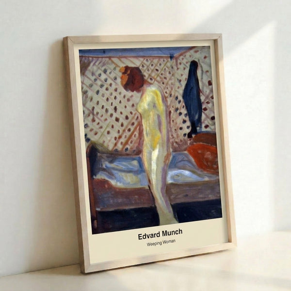 Expressionist wall art depicting a sorrowful woman with abstracted features in a moody palette of deep blues, reds, and blacks, evoking profound sadness.