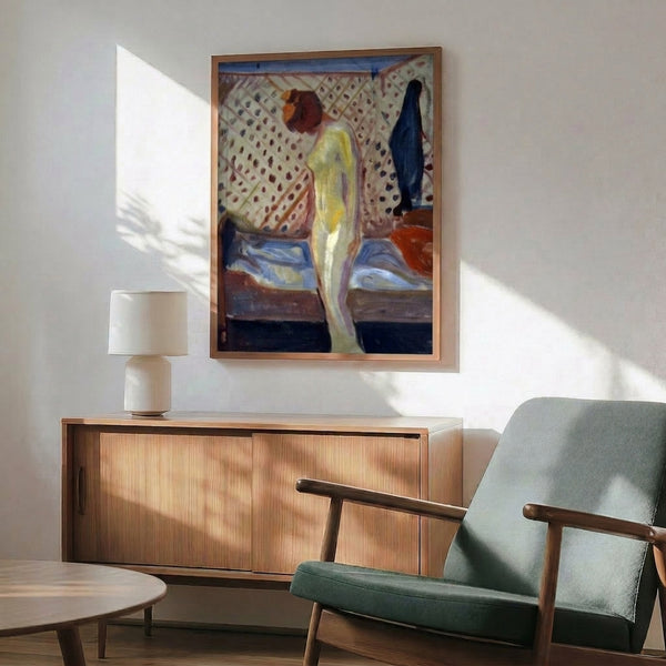 Wall-hung art print of a sorrowful female form with abstracted features in rich burgundy, slate blue, and ochre creating an introspective, emotionally resonant composition.