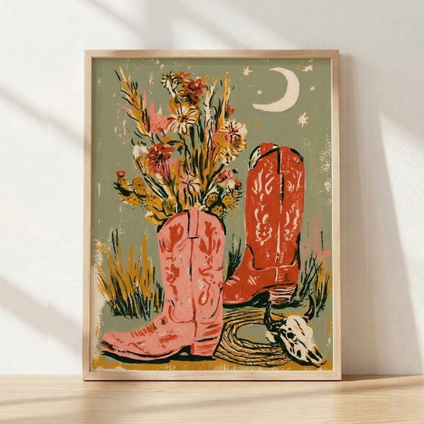 Framed poster art featuring pink and red cowboy boots filled with a colorful wildflower bouquet, surrounded by desert imagery including a cactus, crescent moon, and skull in retro folk art style with sage green, coral, and golden yellow tones.