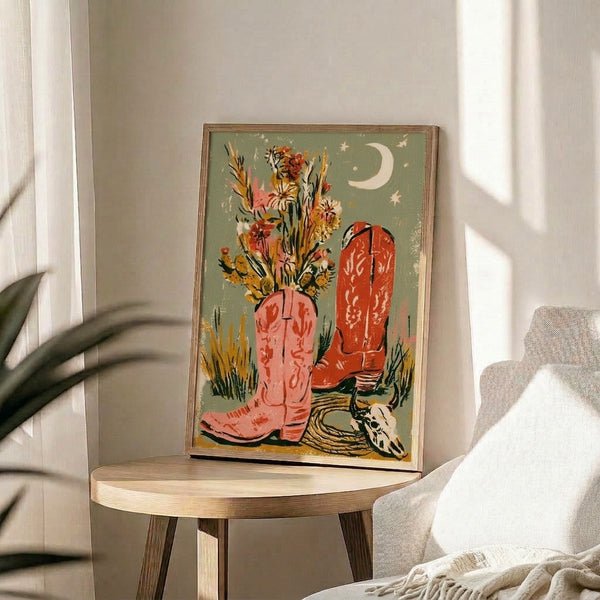 Retro southwestern poster showing decorative cowboy boots as a vase for a flourishing floral arrangement, with folk art details including rope, cactus, and moon in rustic pink, coral, and sage green palette.