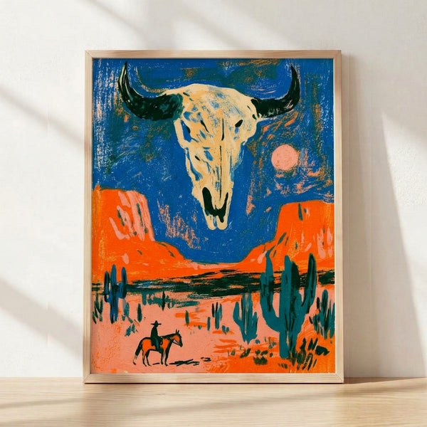 Bold retro pop art poster featuring a weathered bull skull centered against a vibrant orange desert sunset, with saguaro cacti, a crescent moon, and gold accents in deep blue and teal tones.
