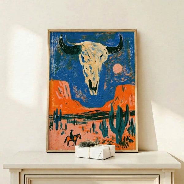 Vintage Americana framed poster showcasing a desert skull motif with southwestern imagery including cacti and moonlight in rich orange, blue, and cream colors with retro styling.