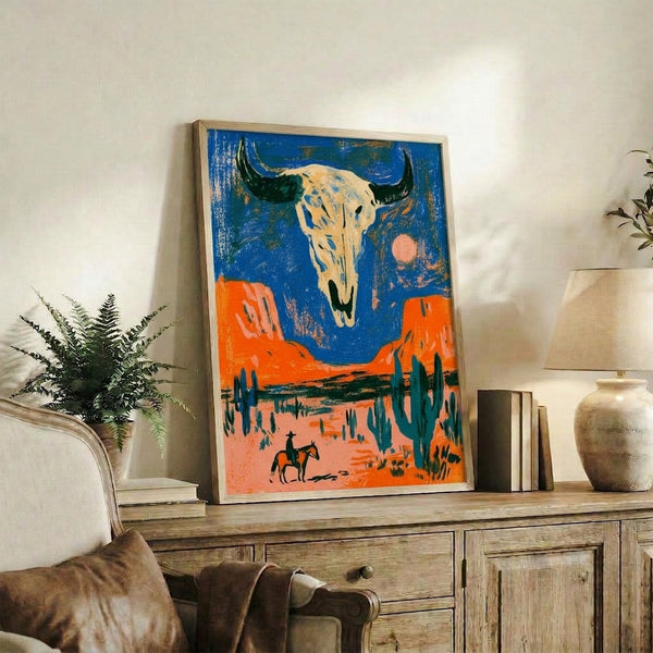 Retro western art print with a prominent bull skull composition set against a glowing desert horizon, complemented by desert botanicals and celestial elements in bold warm and cool tones.