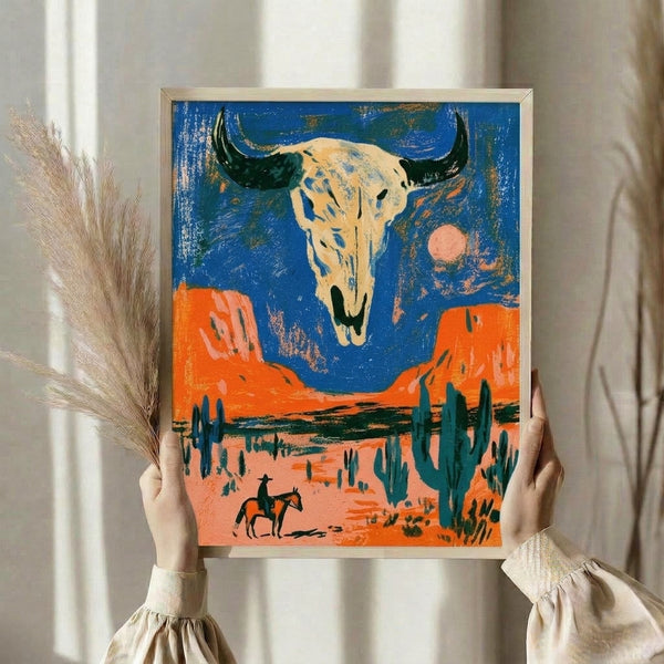 Vintage-inspired poster blending cowboy aesthetics with pop art design, depicting a skull and desert landscape in striking orange and teal hues with southwestern cultural imagery.
