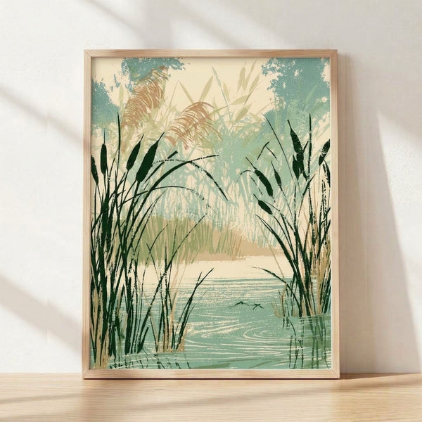 Framed vintage landscape print depicting marshland with tall cattail reeds in sage and forest green tones beside calm teal water, evoking serene Japandi coastal aesthetics.