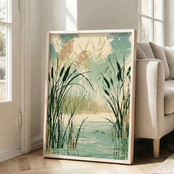 Serene lakeside marsh painting featuring cream and tan reeds with subtle bird silhouettes, rendered in muted vintage palette of sage, teal, and dark green hues.