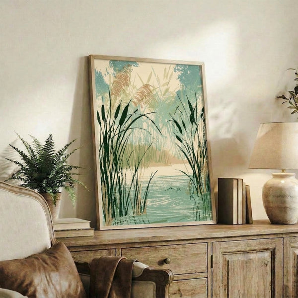 Nostalgic coastal wall art showing wetland landscape with graceful cattails in cream and sage against tranquil teal waters, framed in calming Japandi style.