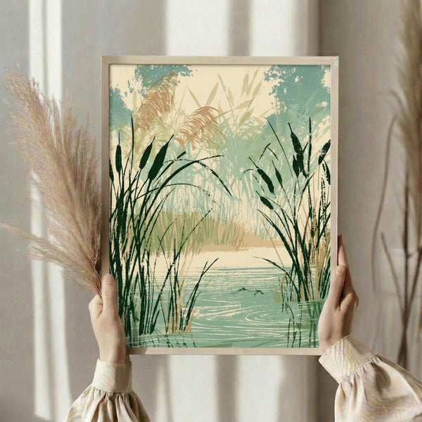 Vintage-inspired nature print of a peaceful marsh scene with elongated reeds in earthy greens and cream, complemented by soft teal water tones and distant birds.