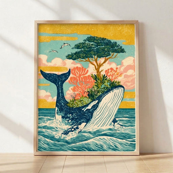 Retro coastal wall art print featuring a breaching whale with a bonsai tree growing from its back, surrounded by teal ocean waves, coral, clouds, and flying birds in gold, navy, and cream tones.