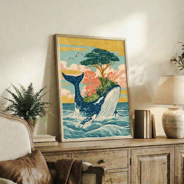 Vintage-style framed poster of a whimsical whale breaching the sea with a miniature bonsai tree on its back, rendered in nostalgic gold, teal, and coral hues with clouds and birds.