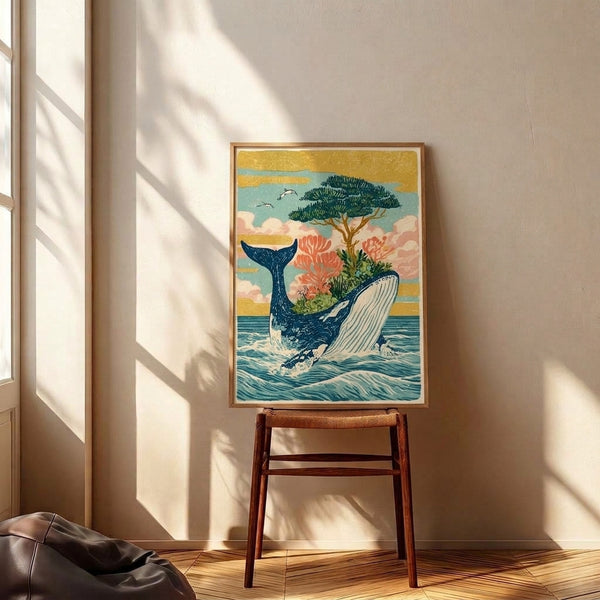 Peaceful yet adventurous retro ocean print showing a majestic whale with a delicate bonsai tree, set against navy and teal waters with coral accents, clouds, and birds in flight.