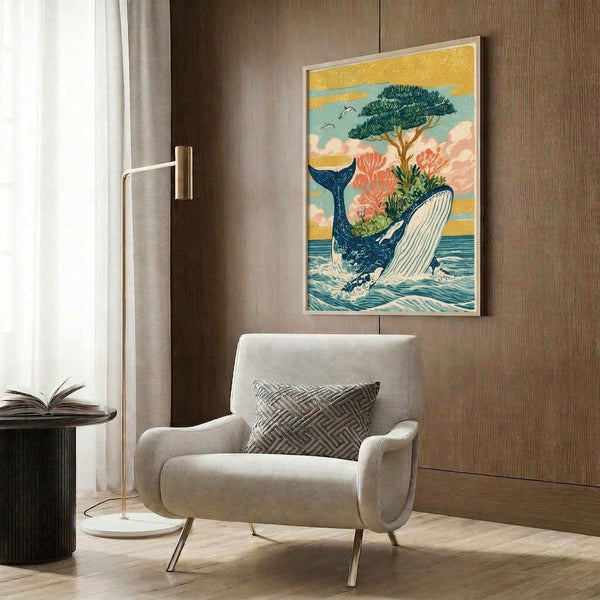 Whimsical coastal art print in vintage style depicting a whale mid-breach carrying a bonsai tree, framed and displayed with a dreamy palette of gold, teal, navy, cream, and coral.