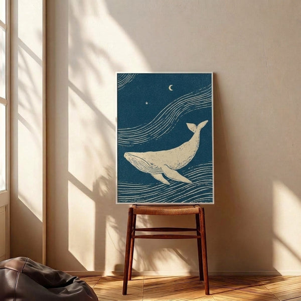 Framed zen wall art featuring a whale silhouette among stars and waves in deep blue and teal, with a serene nocturnal atmosphere captured through elegant line art in a minimalist style.