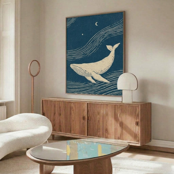 Whimsical ocean art print showing a whale beneath a moonlit starry sky, executed in minimalist line work with a soothing palette of navy, teal, and cream creating a meditative nocturne.
