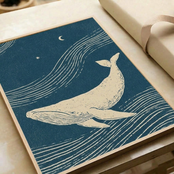Japanese-inspired minimalist poster of a whale swimming through cosmic waves and starlight, rendered in flowing lines with teal and deep blue hues that evoke peaceful, dreamlike contemplation.