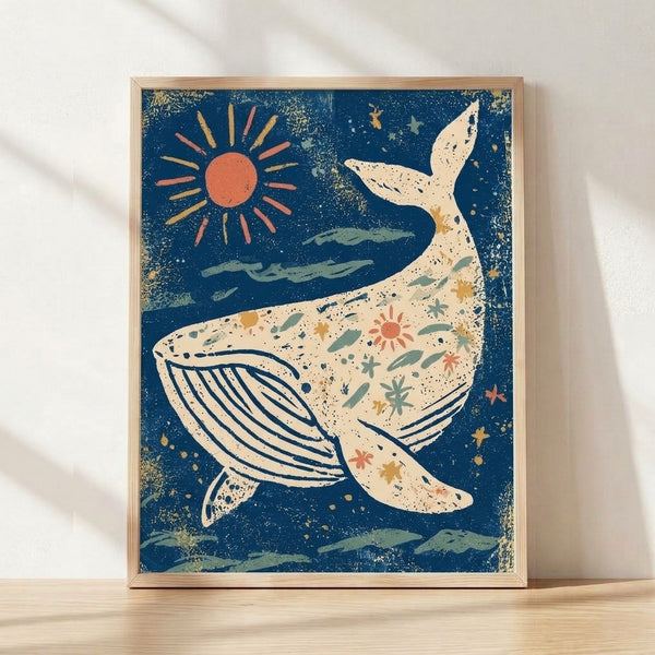 Framed boho whale poster featuring a gentle whale surrounded by a glowing sun, stars, and ocean seaweed in navy, cream, coral, and sage green tones.