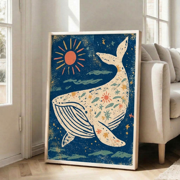 Minimalist cottagecore ocean print with a whimsical whale, golden sun, and starry water scene in calming navy and cream with coral accents.