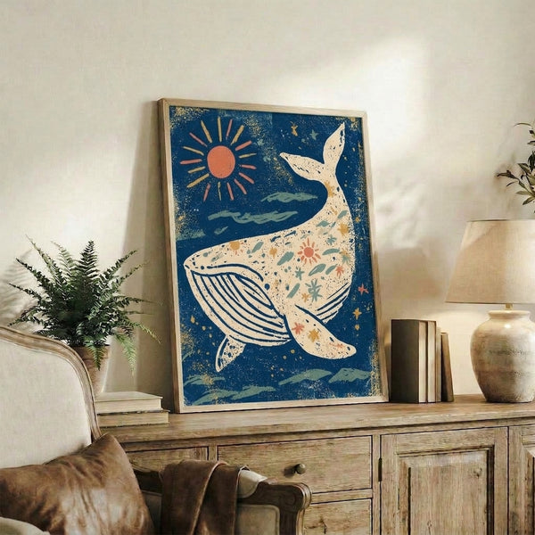 Zen-inspired whale wall art in boho style showing a serene ocean creature beneath a warm sun with stars and seaweed in navy, gold, and sage.
