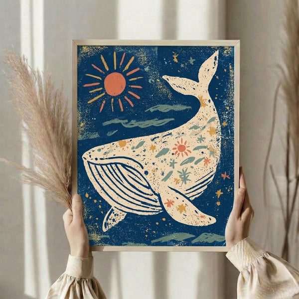 Calming ocean wall print featuring a whimsical whale in wonder-filled boho design with sun, stars, and aquatic elements in navy, cream, coral, and green.
