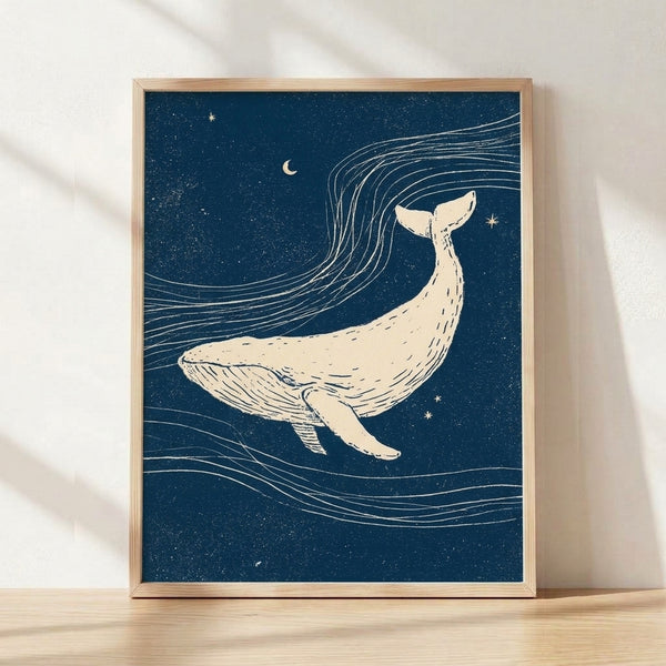 Minimalist line art poster of a whale swimming beneath a crescent moon and stars in a deep navy night sky, with gold accents and cream details.