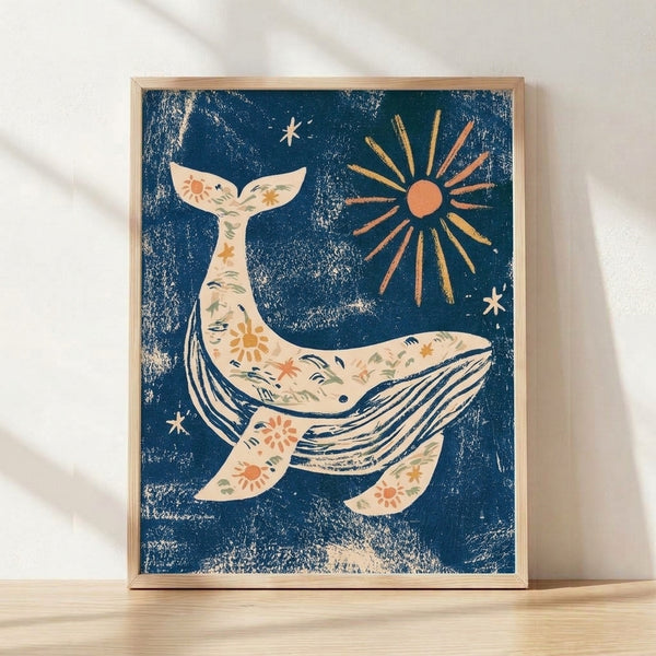 Retro boho whale art print in teal, cream, and coral tones, featuring a peaceful whale beneath a glowing sun with scattered stars in a minimalist celestial design.