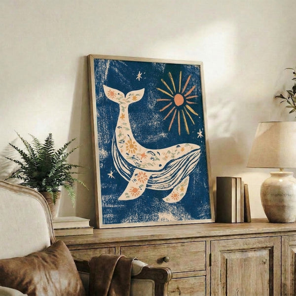 Whimsical framed ocean poster with a dreamy whale silhouette in teal and sage green, accented by a warm sun and starry sky in a calming retro-boho style.