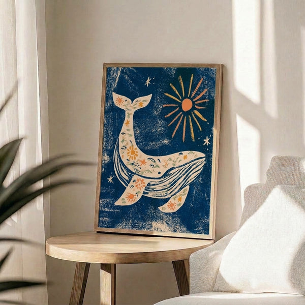 Minimalist wall art depicting a serene whale swimming under a radiant orange sun with navy stars, rendered in soft teal and cream hues with a peaceful, whimsical mood.