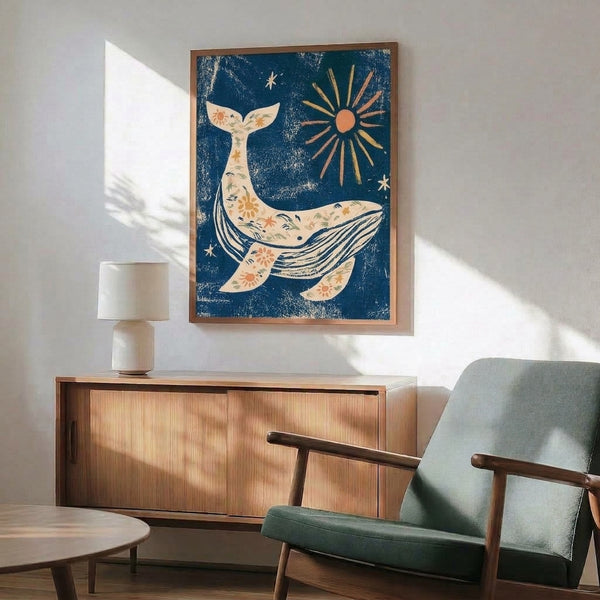 Boho celestial ocean print showing a gentle whale beneath a golden sun with scattered stars, combining retro design sensibilities with a dreamy, tranquil aesthetic in muted earth tones.