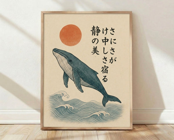 Serene Japanese woodblock-inspired poster featuring a whale in teal-blue waters beneath a rust-orange sun, framed on a wall in minimalist japandi style.