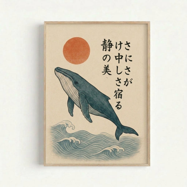 Graceful whale and sun design in cream, teal, and rust tones, rendered in meditative minimalist aesthetic inspired by traditional Japanese art.