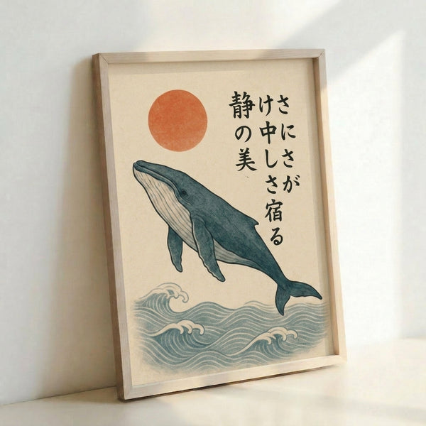 Framed art print depicting a peaceful whale swimming among gentle waves with a warm sun overhead, executed in soothing japandi colors and woodblock technique.
